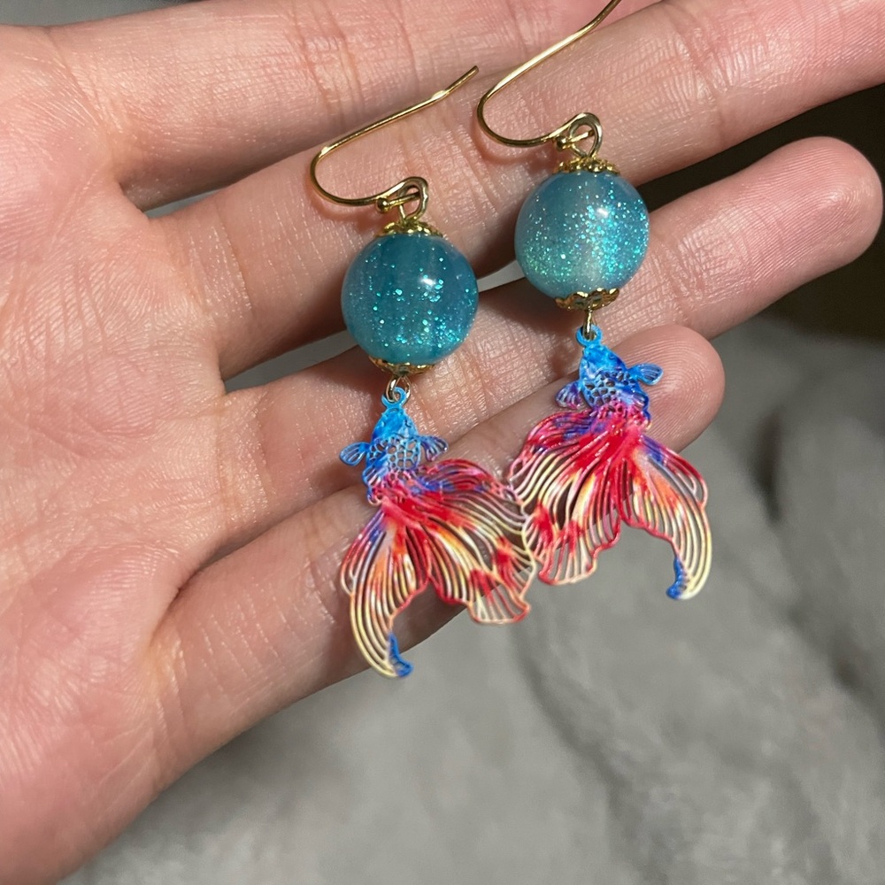Blue Glitter Ball Earrings with Multicolor Fish Dangles